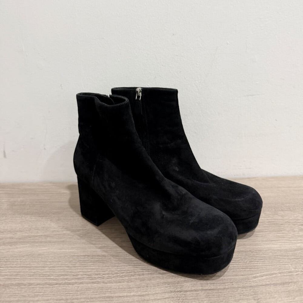 Prada Suede Square Toe Block Heel Platform Ankle Booties Black Women's EU 38.5